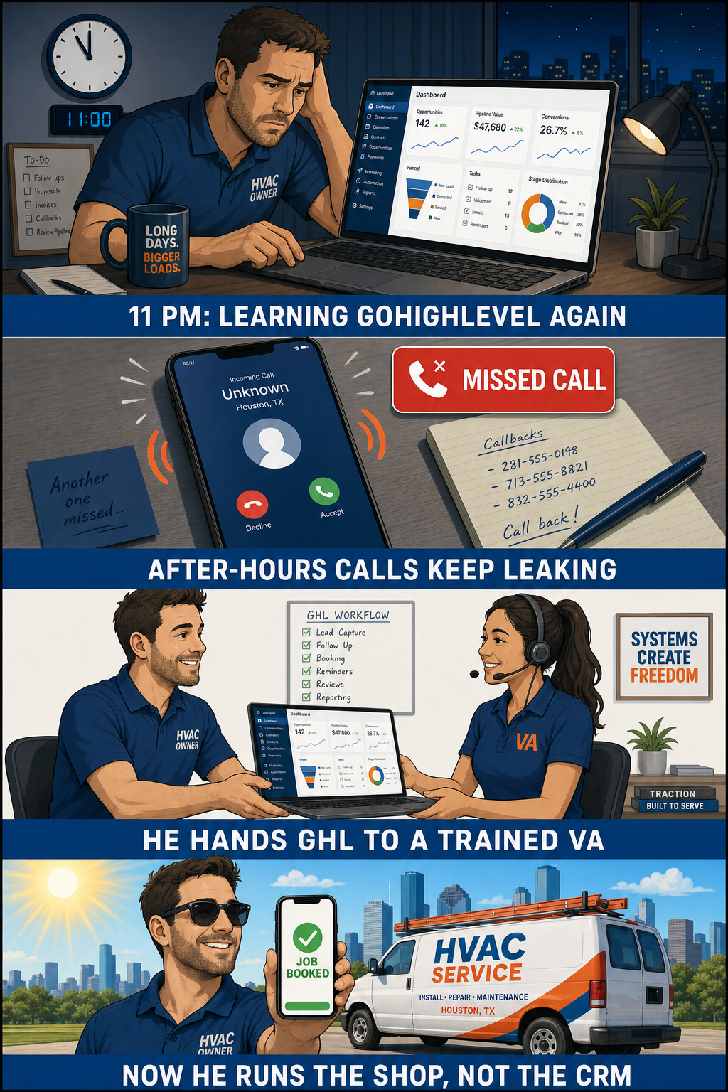 Four-panel illustration of a Houston HVAC owner's story: at 11 PM learning GoHighLevel again, after-hours calls leaking as unanswered missed calls, handing GoHighLevel to a trained VA with a headset, and finally running the shop next to an HVAC service van under the Houston sun with a job booked.