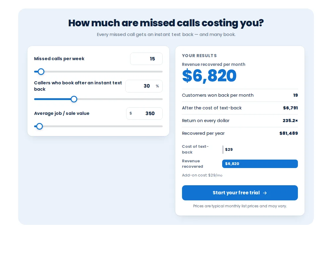 Missed call text-back calculator template