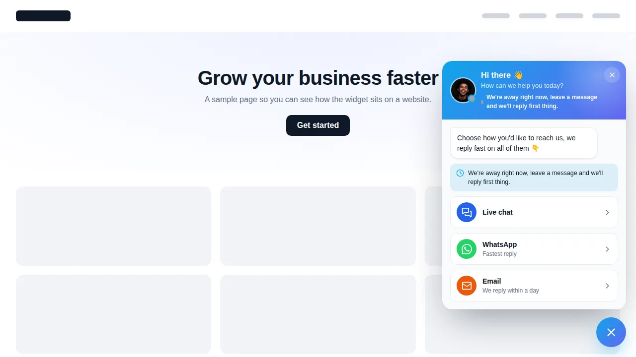 Business hours chat hub floating widget open on a sample website