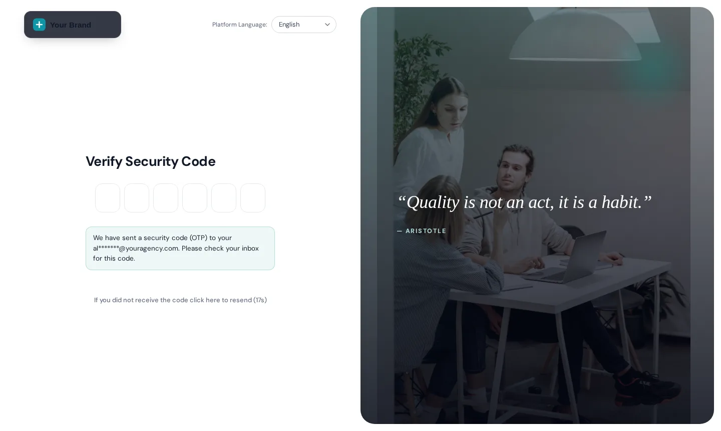 Two-factor code screen of the Editorial GoHighLevel login design