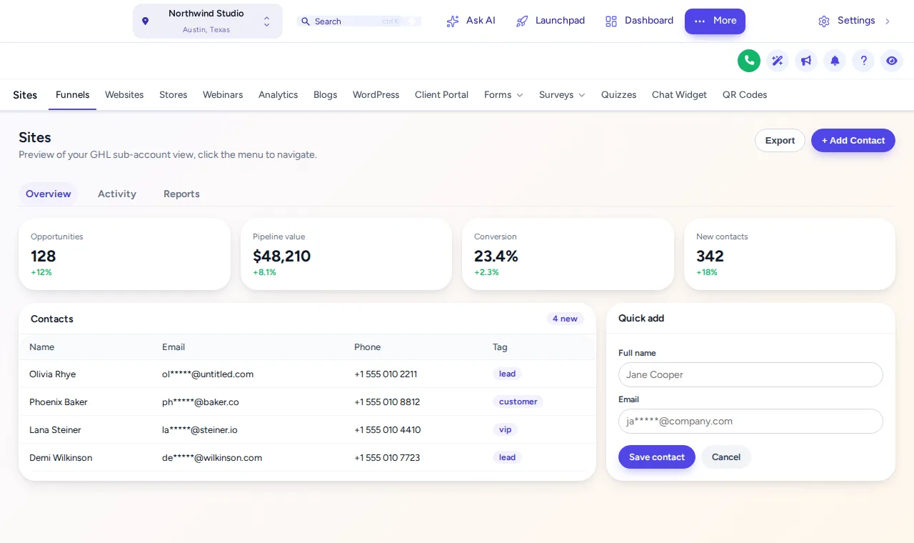 GoHighLevel Sites page with the Pastel Mesh theme and the menu moved into a top bar