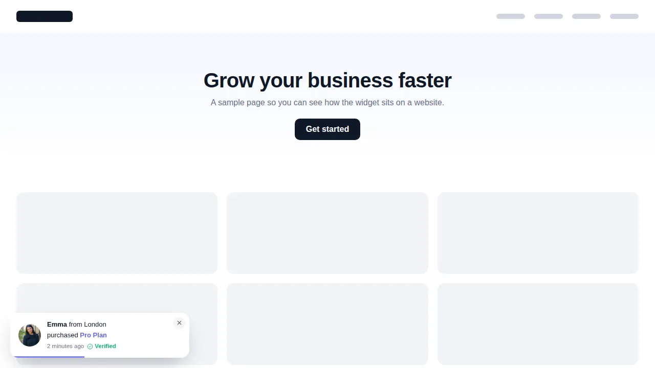 Recent conversions social proof notification on a sample website