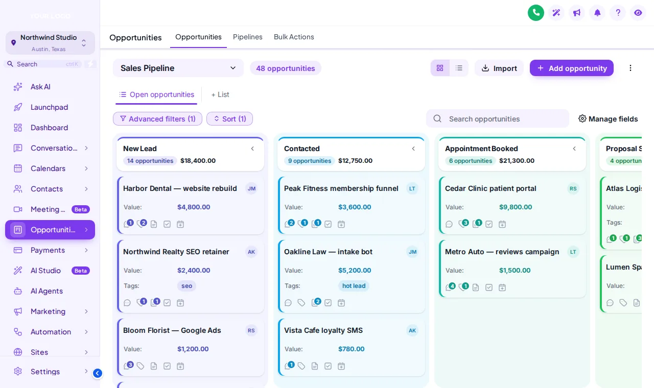 GoHighLevel opportunities board with the Ribbon pipeline design