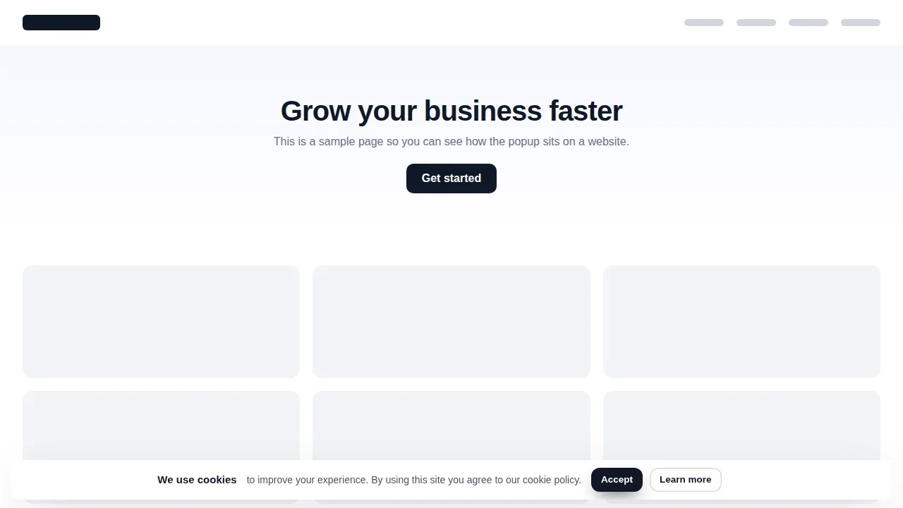 Cookie notice bar popup template on a sample business website