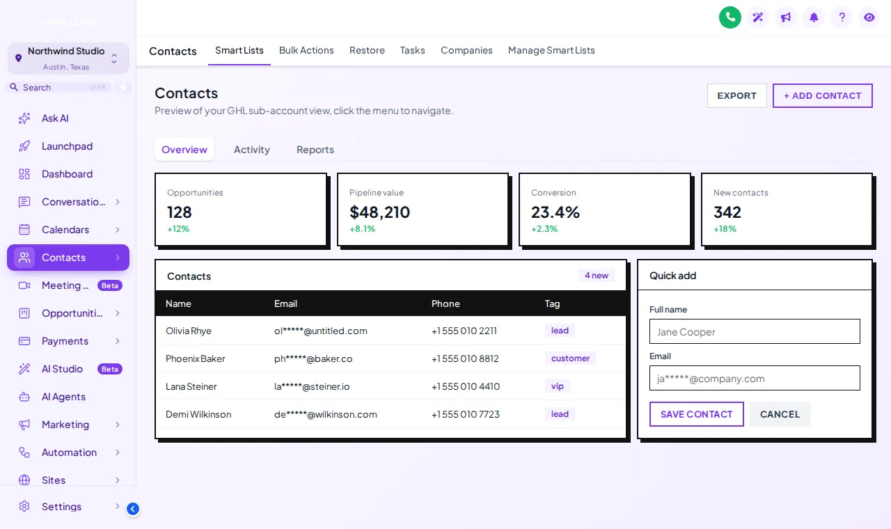 GoHighLevel contacts page using the Lavender Dream theme with the Brutalist UI kit